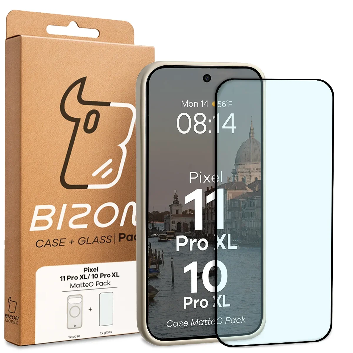 Przód pudełka Bizon Case Matteo Pack z dedykowaną etykietą do Google Pixel 10 Pro XL, Google Pixel 11 Pro XL