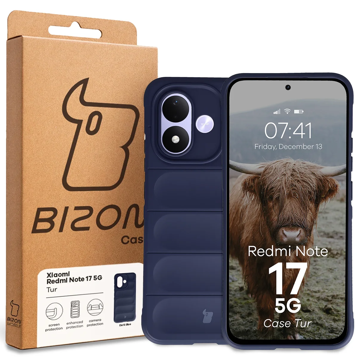 Przód pudełka Bizon Case z dedykowaną etykietą do Xiaomi Redmi Note 17 5G
