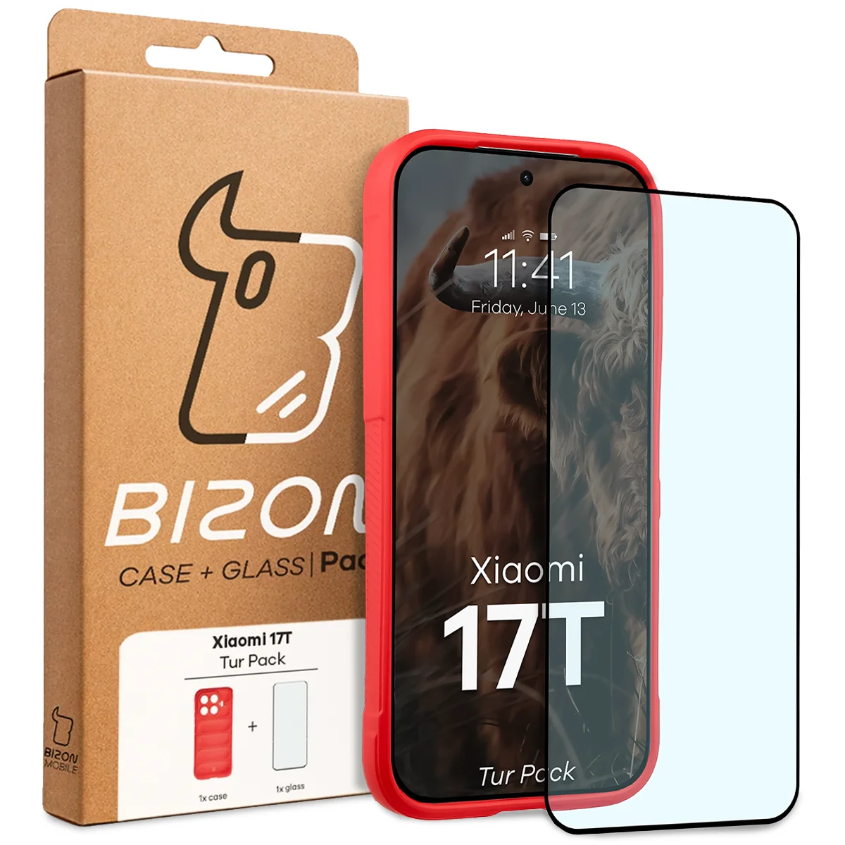 Przód pudełka Bizon Tur Pack z dedykowaną etykietą do Xiaomi 17T