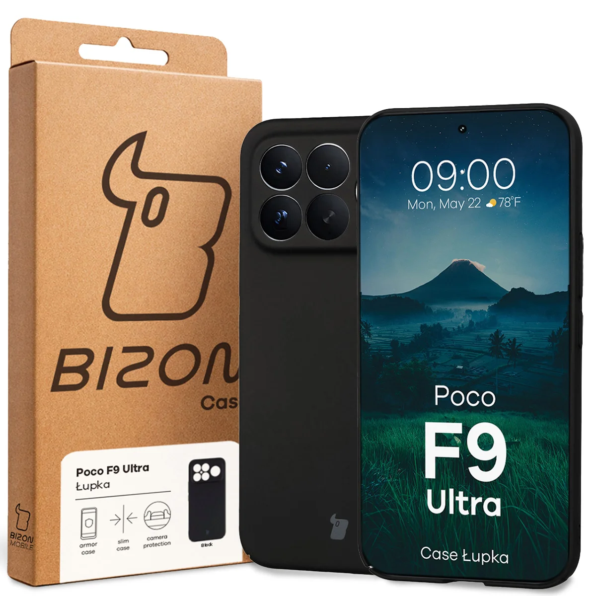 Przód pudełka Bizon Case z dedykowaną etykietą do Xiaomi POCO F9 Ultra