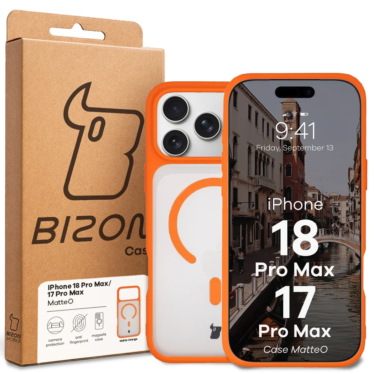 Przód pudełka Bizon Case z dedykowaną etykietą do iPhone 18 Pro Max / 17 Pro Max