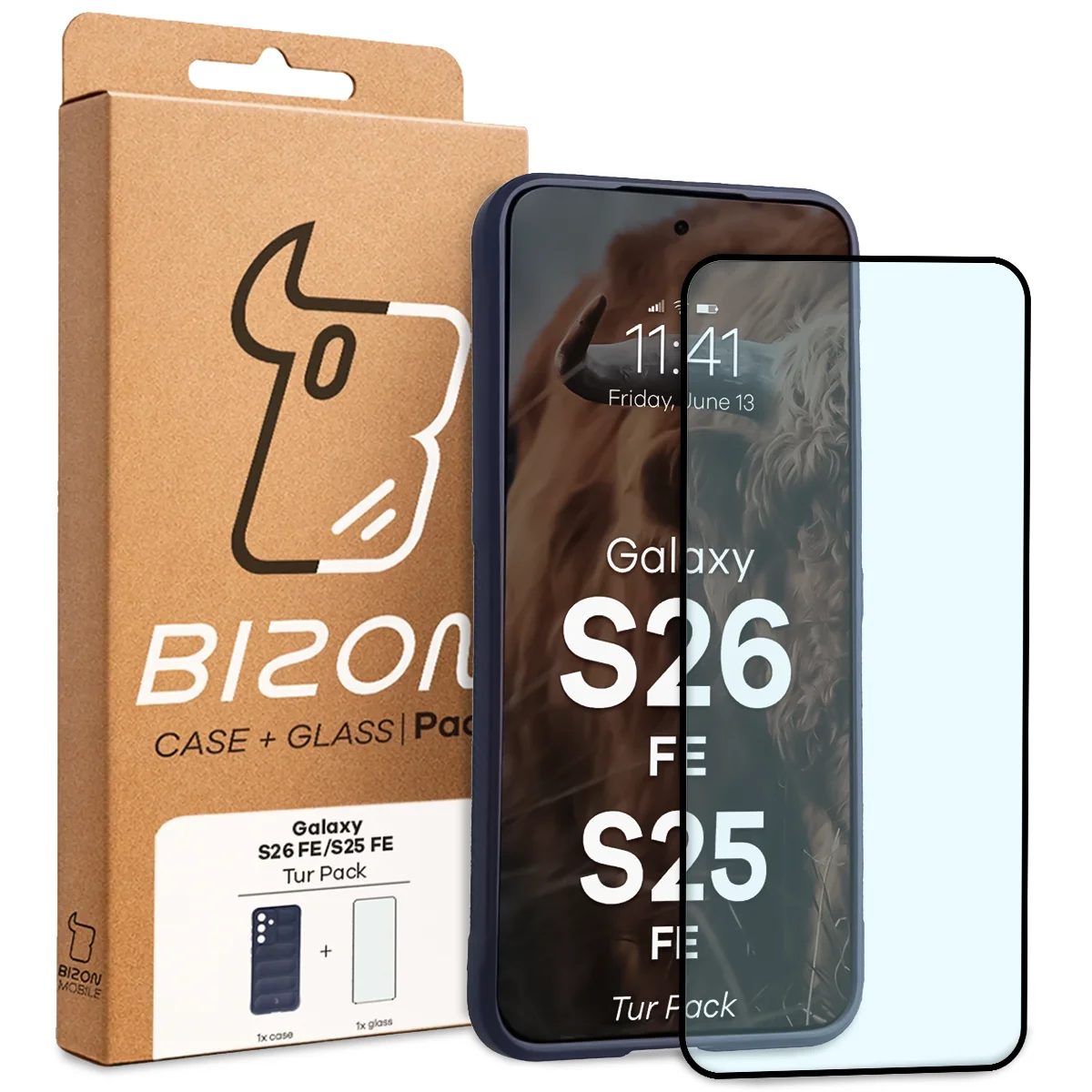 Przód pudełka Bizon Tur Pack z dedykowaną etykietą do Galaxy S25 FE, Galaxy S26 FE
