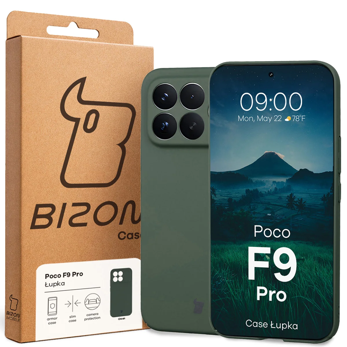 Przód pudełka Bizon Case z dedykowaną etykietą do Xiaomi POCO F9 Pro