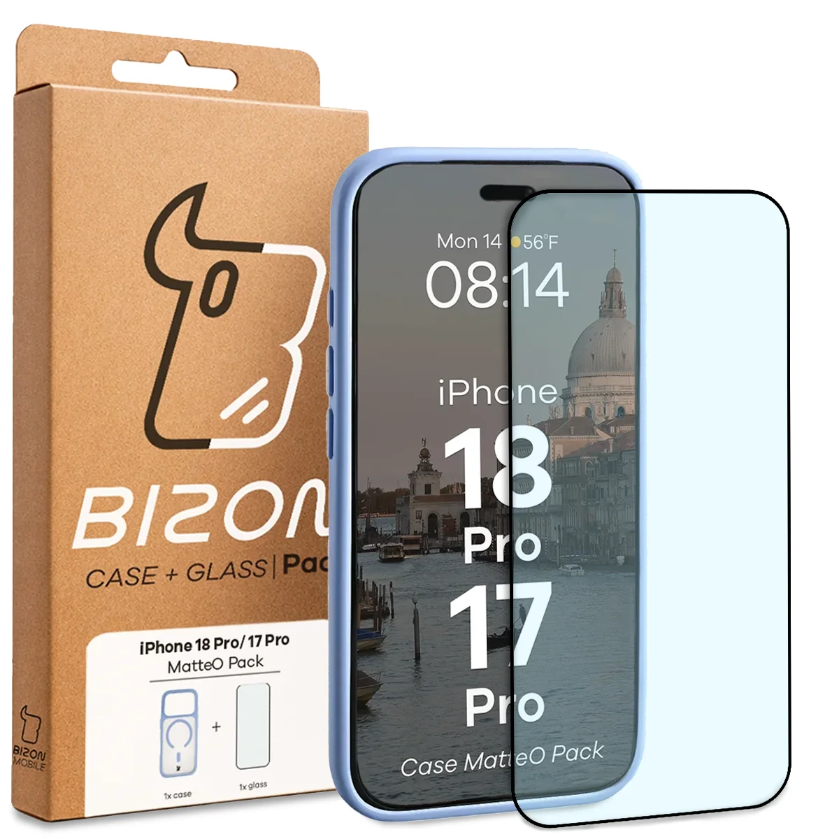 Przód pudełka Bizon Case Matteo Pack z dedykowaną etykietą do iPhone 18 Pro / 17 Pro