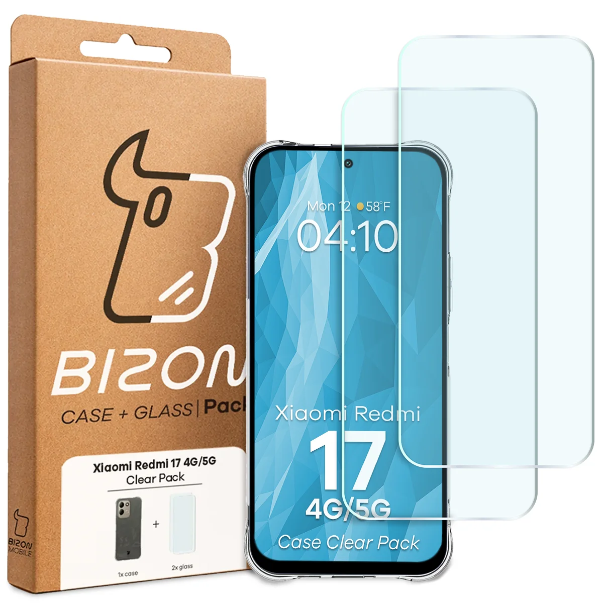 Przód pudełka Bizon Case+Glass z dedykowaną etykietą do Xiaomi Redmi 17 5G / 4G
