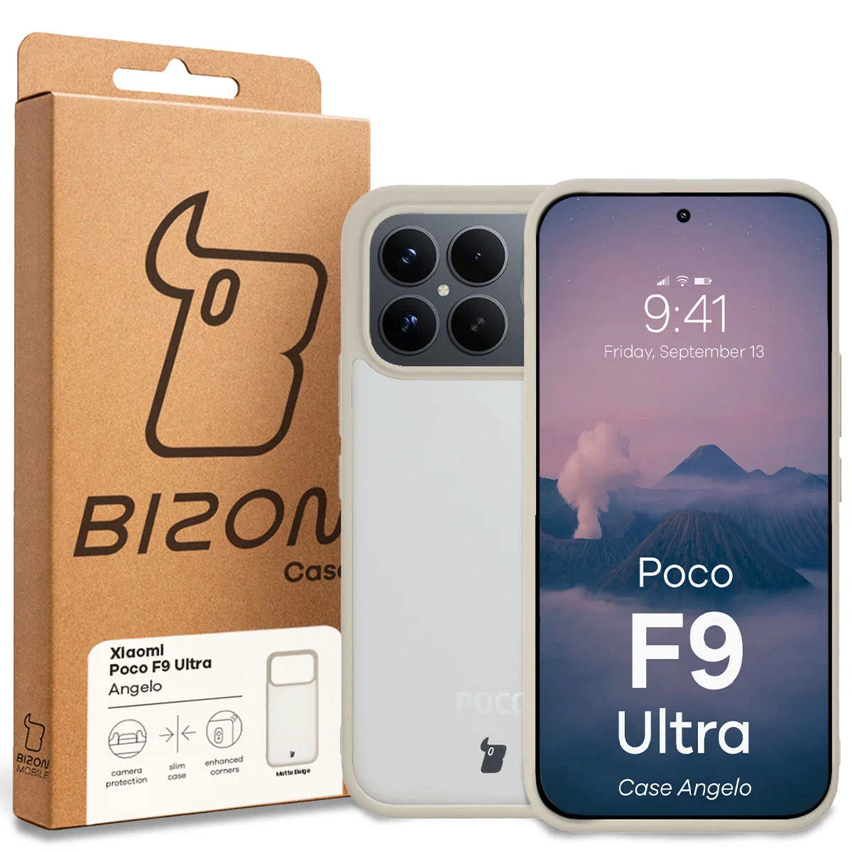 Przód pudełka Bizon Case z dedykowaną etykietą do Xiaomi POCO F9 Ultra