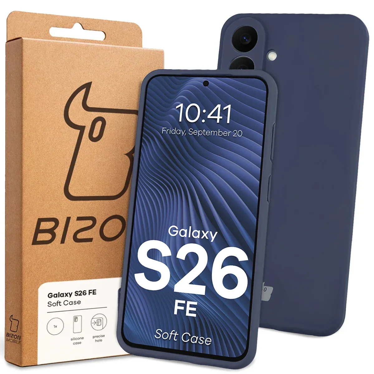 Przód pudełka Bizon Case z dedykowaną etykietą do Galaxy S26 FE
