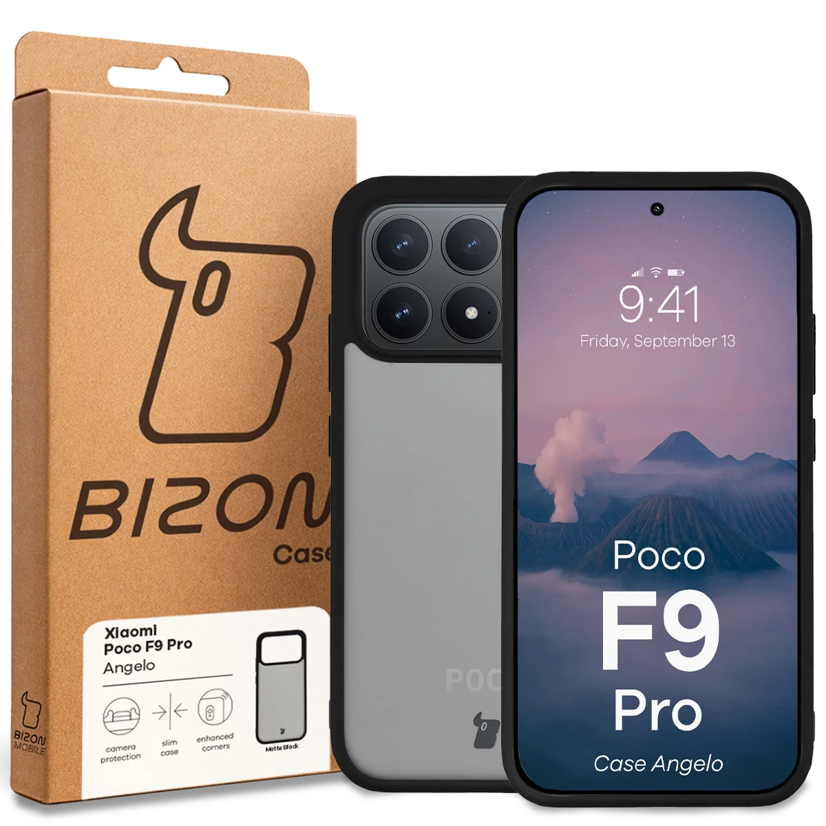 Przód pudełka Bizon Case z dedykowaną etykietą do Xiaomi POCO F9 Pro