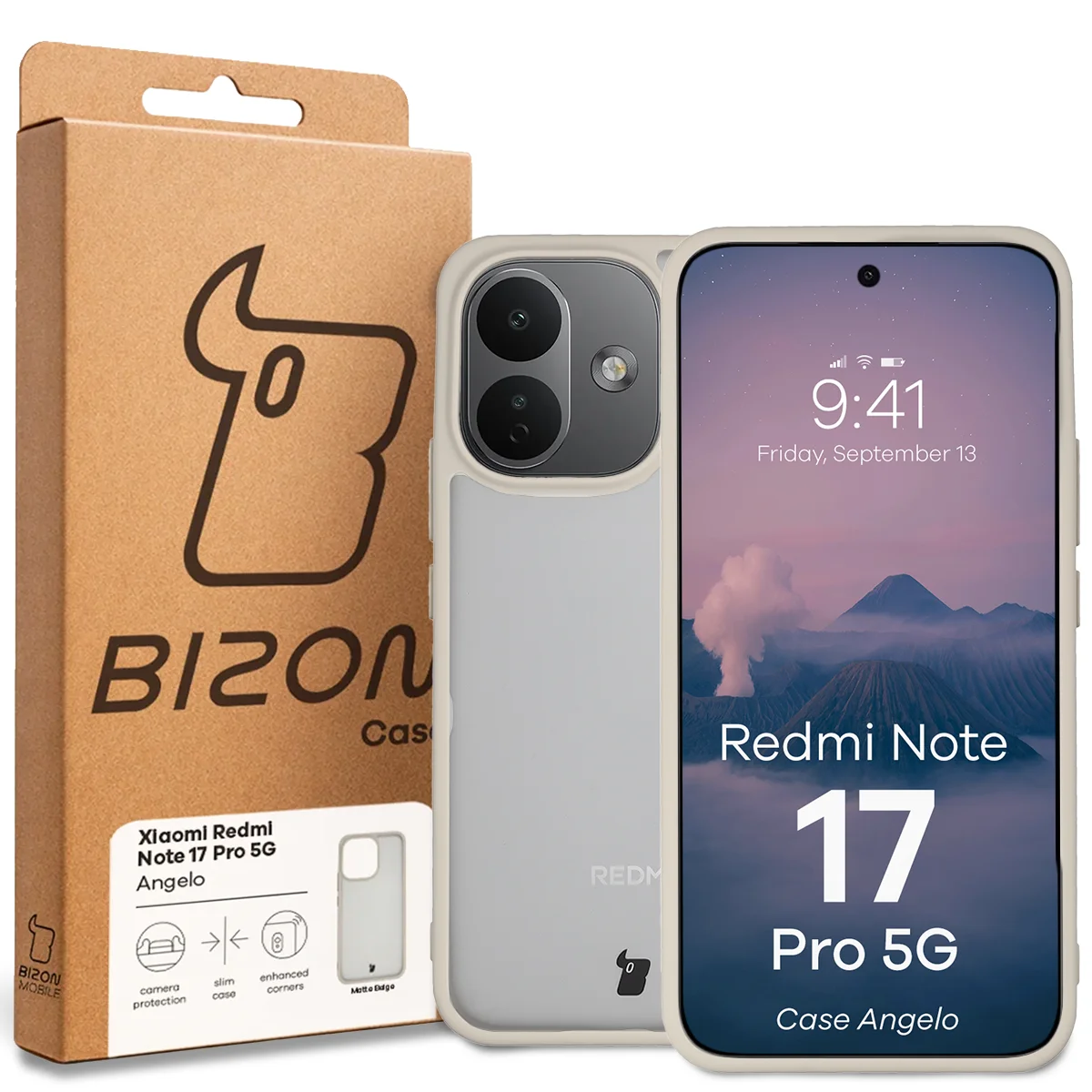 Przód pudełka Bizon Case z dedykowaną etykietą do Xiaomi Redmi Note 17 Pro 5G