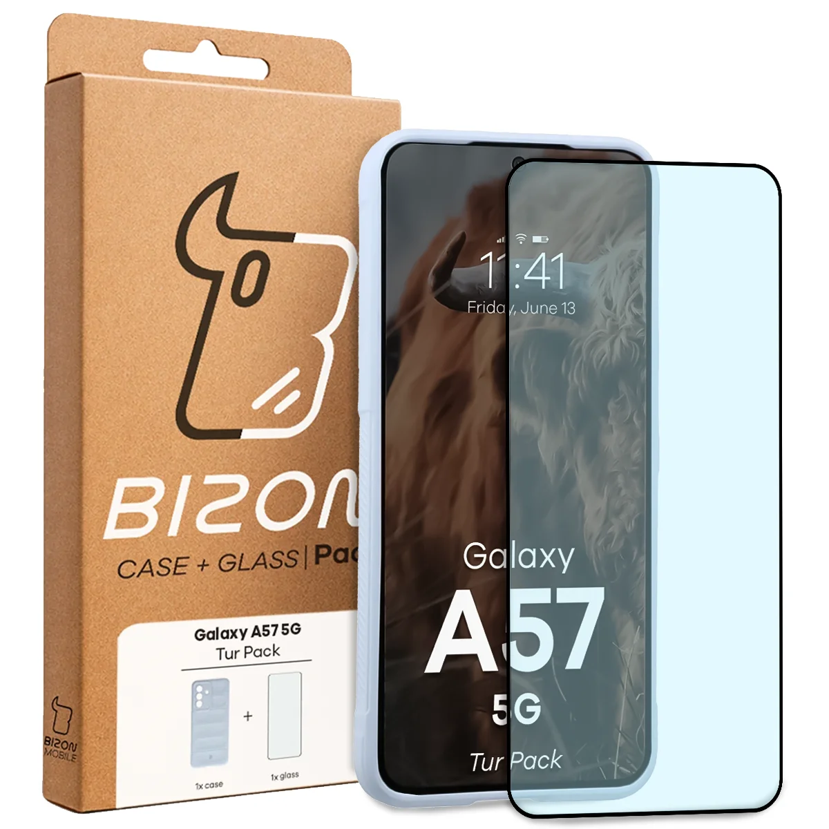 Przód pudełka Bizon Tur Pack z dedykowaną etykietą do Galaxy A57 5G