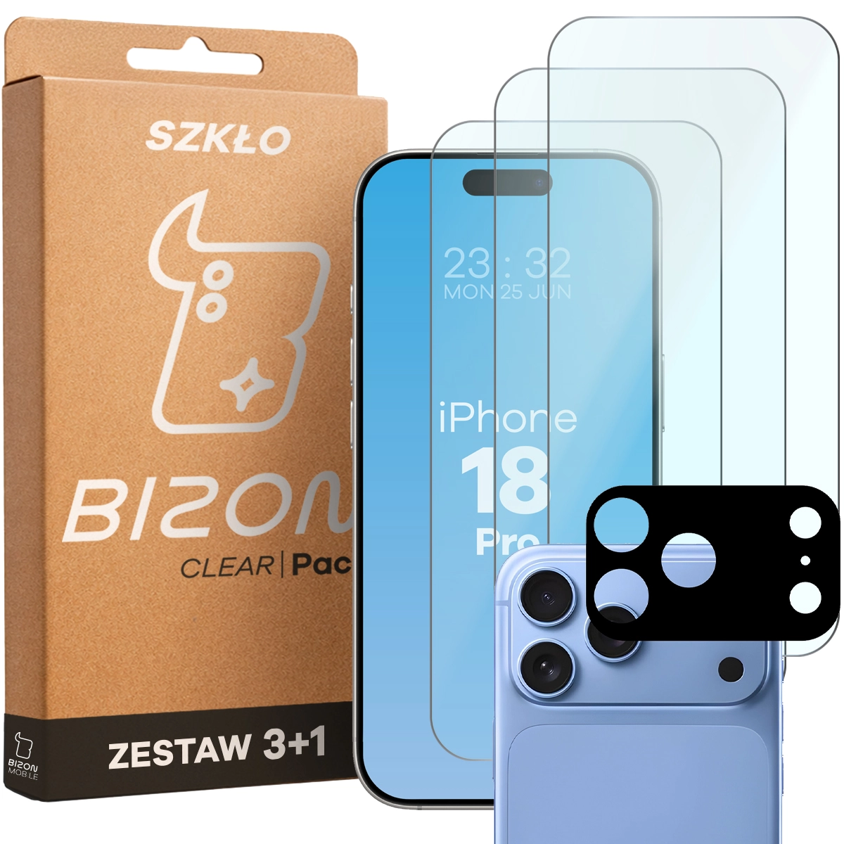 Pudełko i zestaw szkieł do iPhone 18 Pro: 3x szkło hartowane i lens