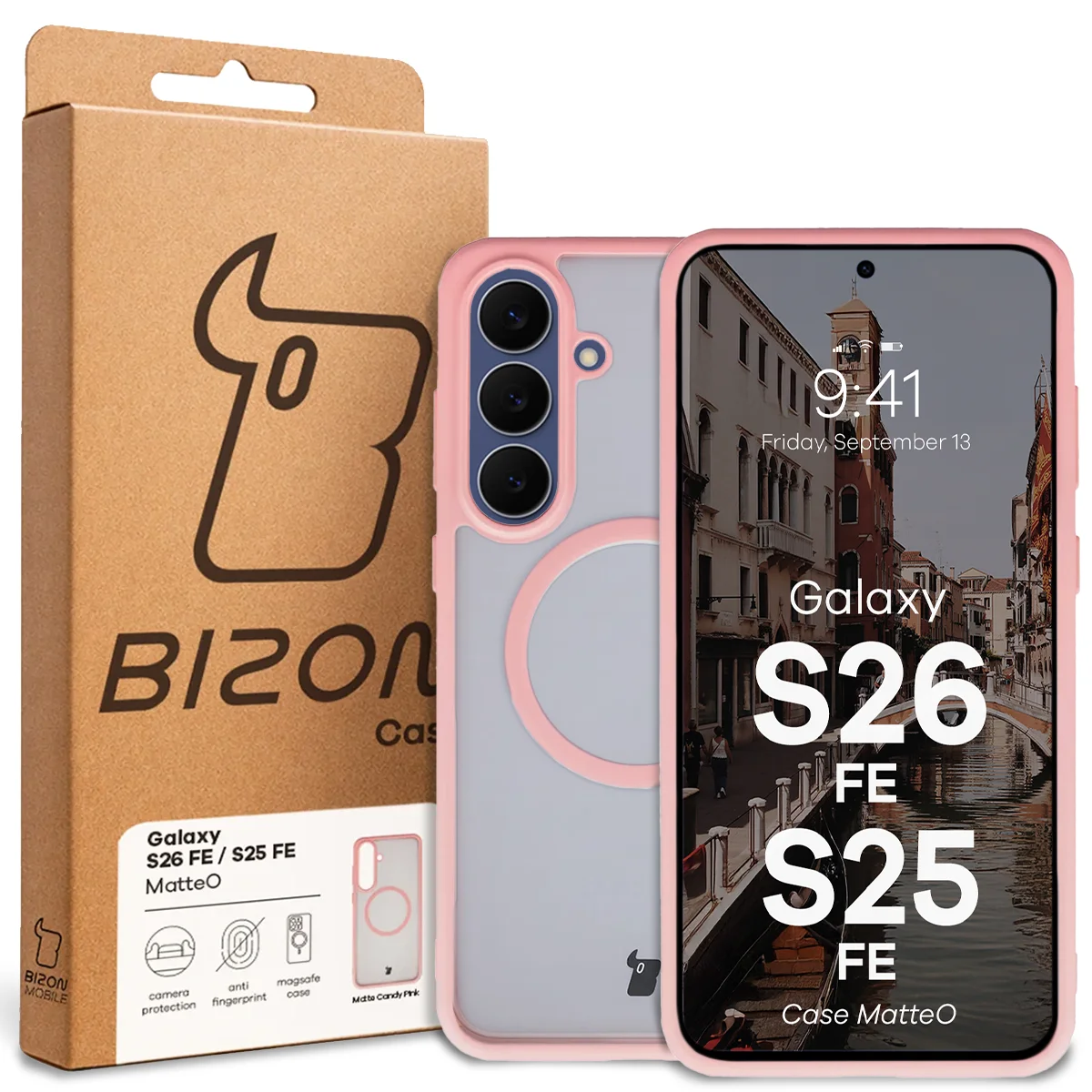Przód pudełka Bizon Case z dedykowaną etykietą do Galaxy S25 FE, Galaxy S26 FE