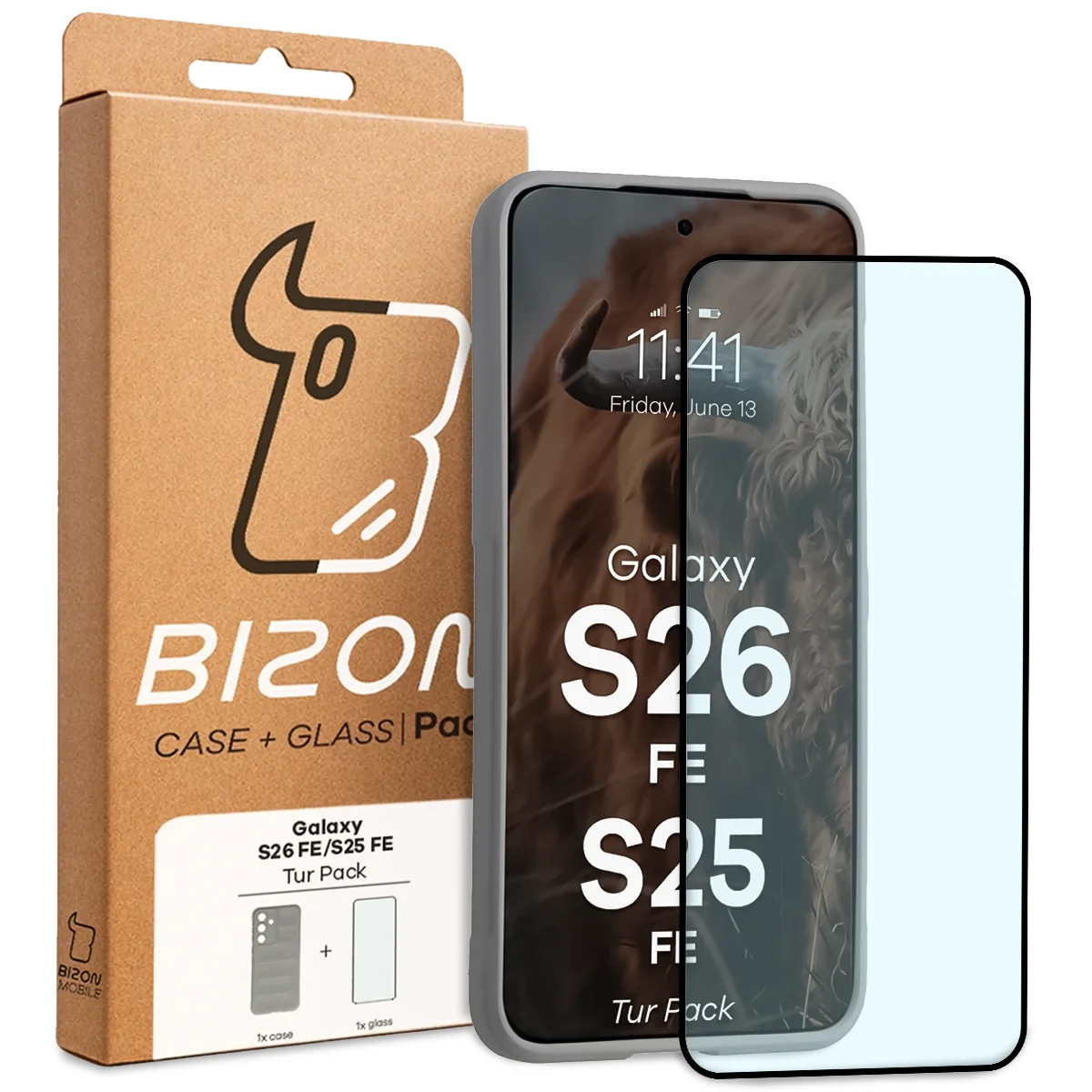 Przód pudełka Bizon Tur Pack z dedykowaną etykietą do Galaxy S25 FE, Galaxy S26 FE