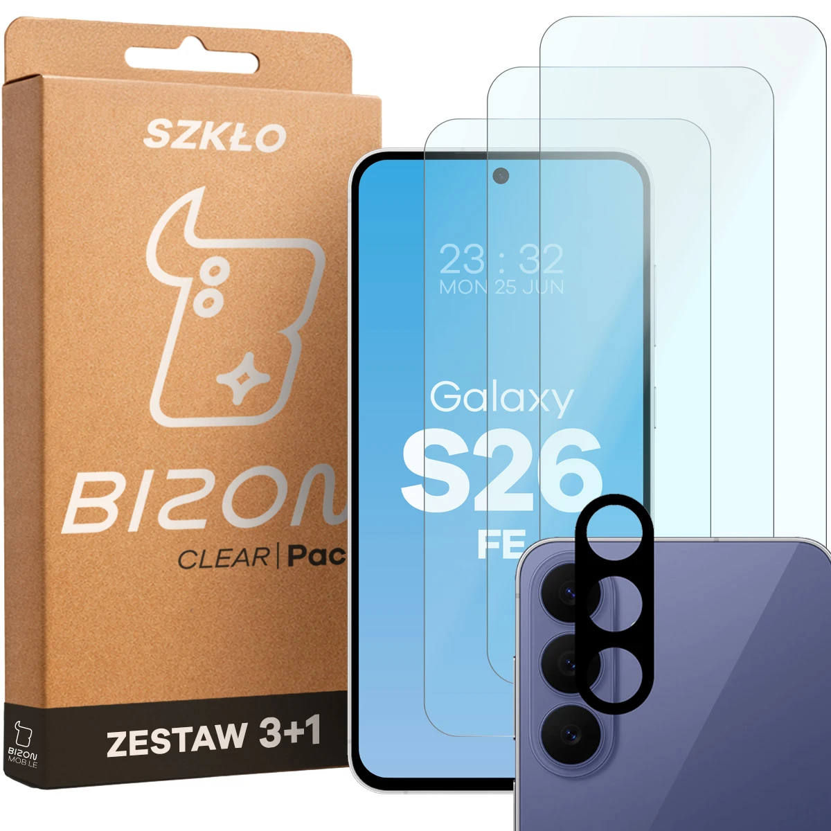 Pudełko i zestaw szkieł do Galaxy S26 FE: 3x szkło hartowane i lens
