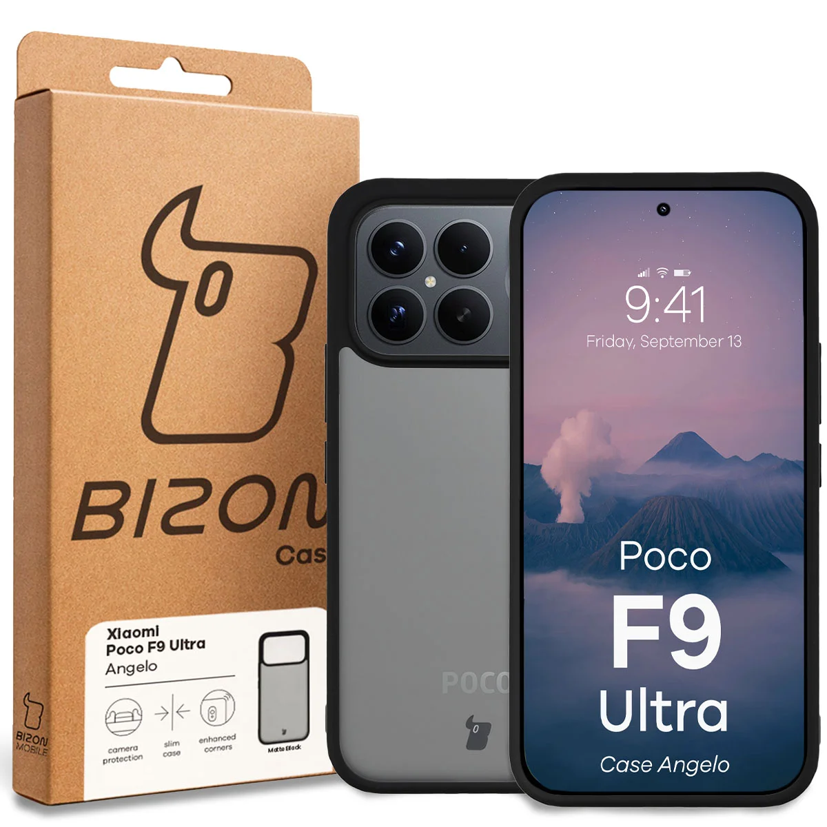 Przód pudełka Bizon Case z dedykowaną etykietą do Xiaomi POCO F9 Ultra