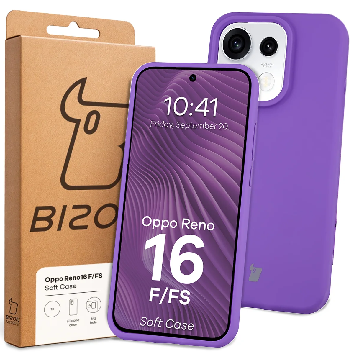 Przód pudełka Bizon Case z dedykowaną etykietą do OPPO Reno16 F, OPPO Reno16 FS