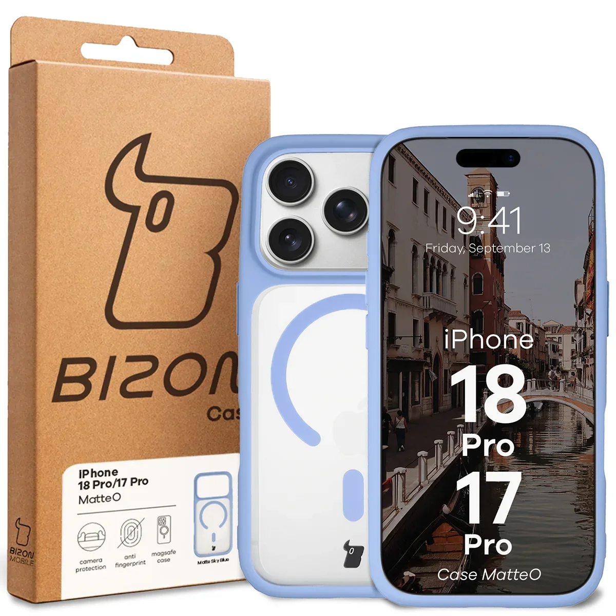 Przód pudełka Bizon Case z dedykowaną etykietą do iPhone 18 Pro / 17 Pro