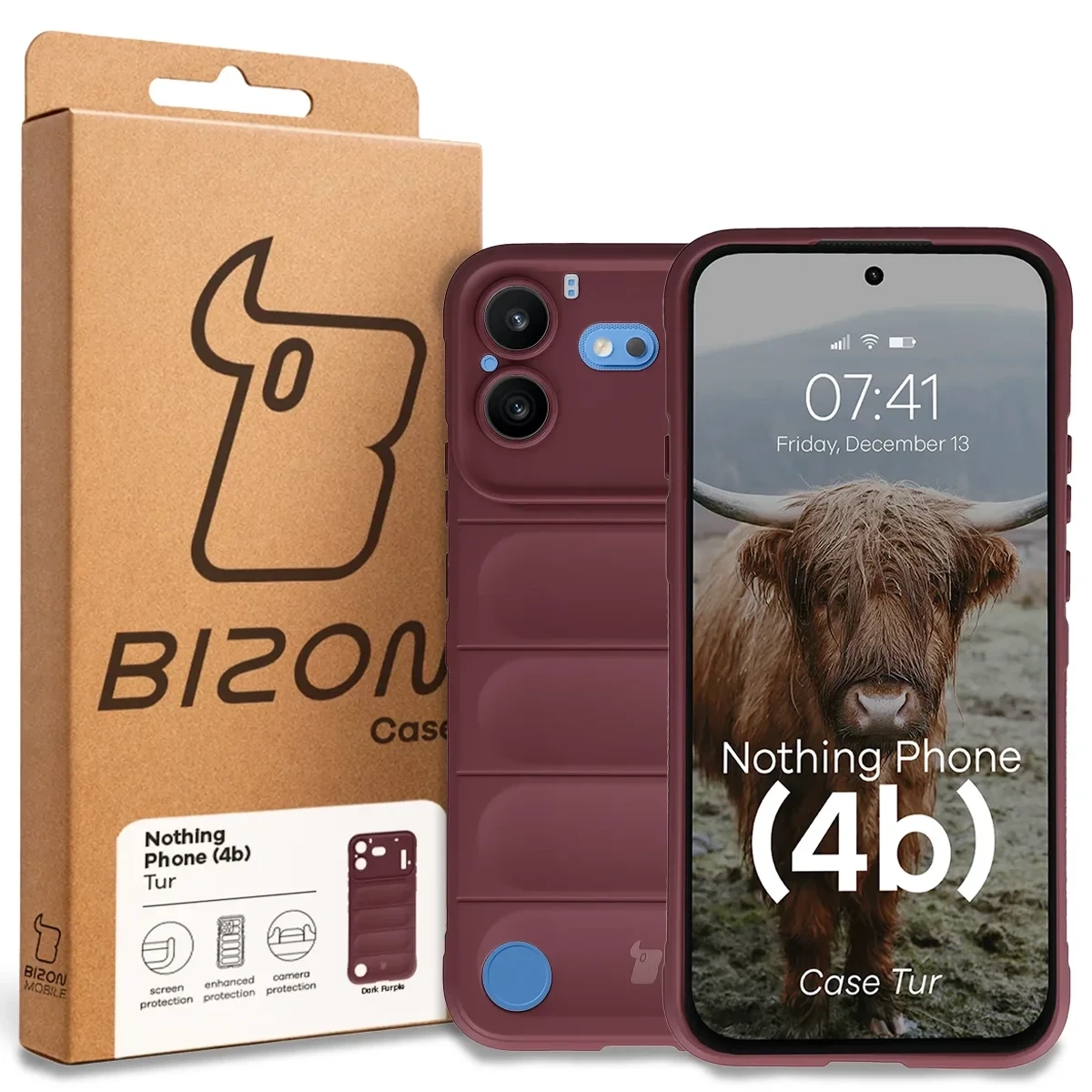 Przód pudełka Bizon Case z dedykowaną etykietą do Nothing Phone (4b)
