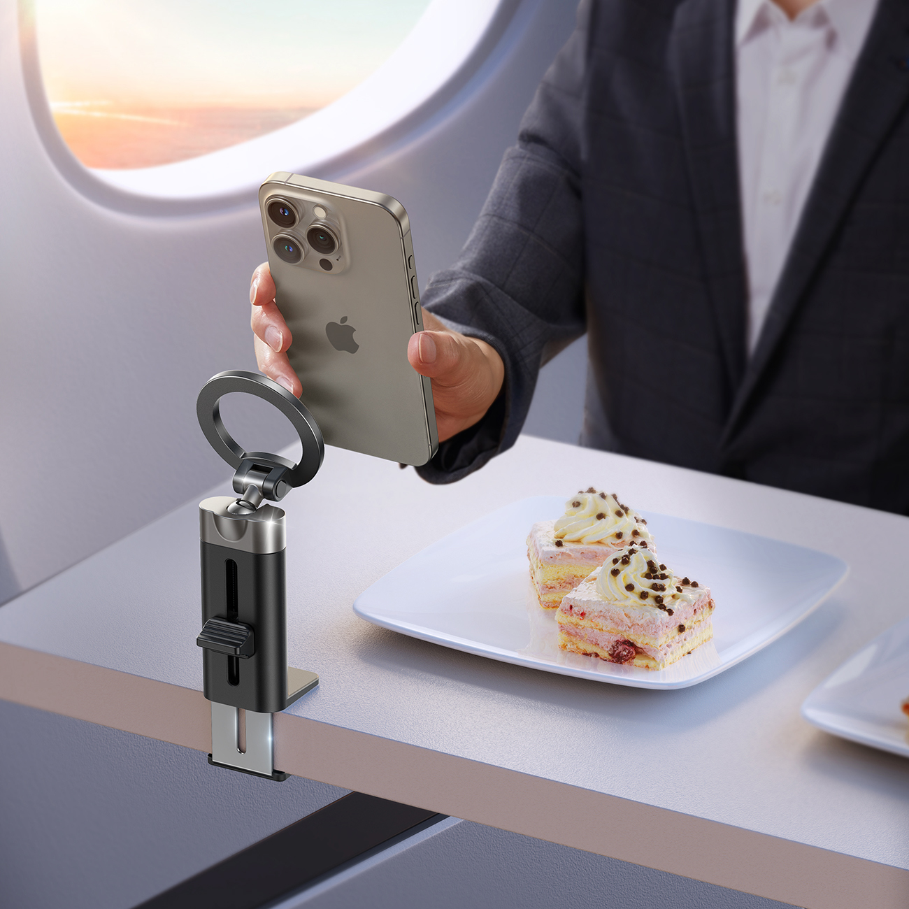 Mężczyzna w samolocie z uchwytem podstawką Joyroom JR-ZS413