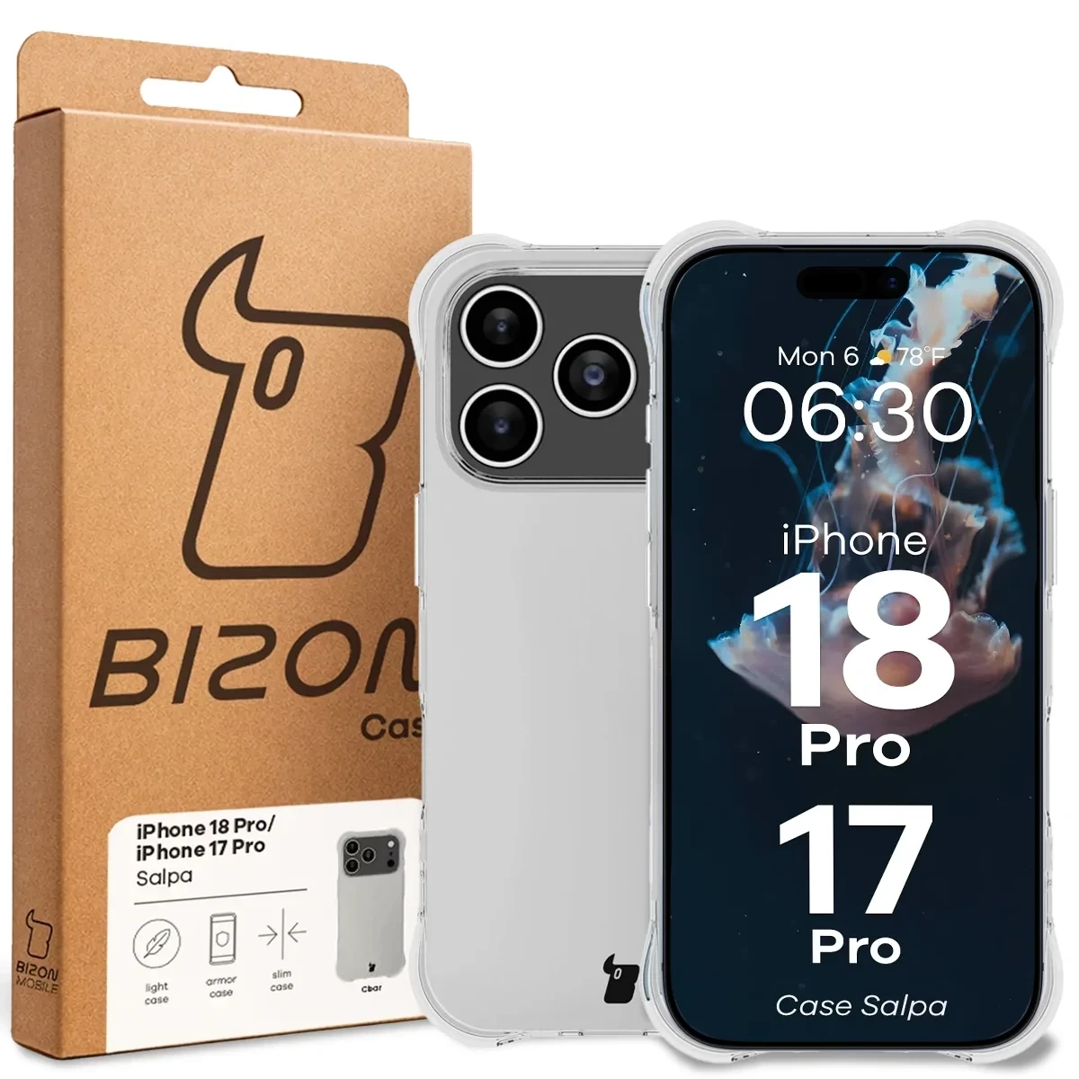 Przód pudełka Bizon Case z dedykowaną etykietą do iPhone 18 Pro / 17 Pro