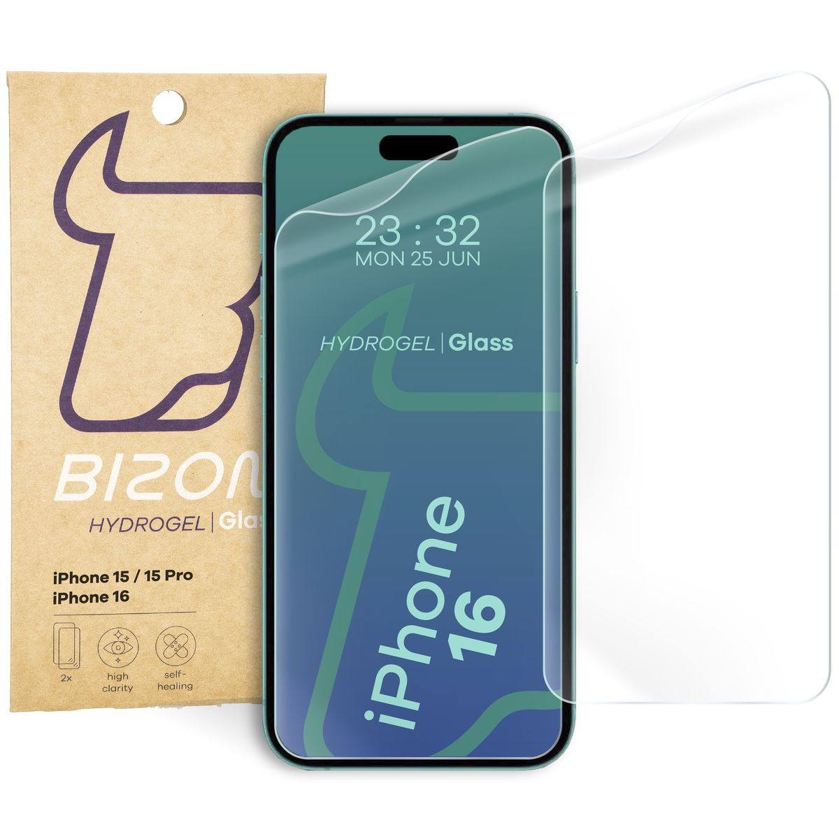 Folia hydrożelowa na ekran Bizon Glass Hydrogel Front do iPhone 15 / 15 Pro / 16 Plus, 2 sztuki