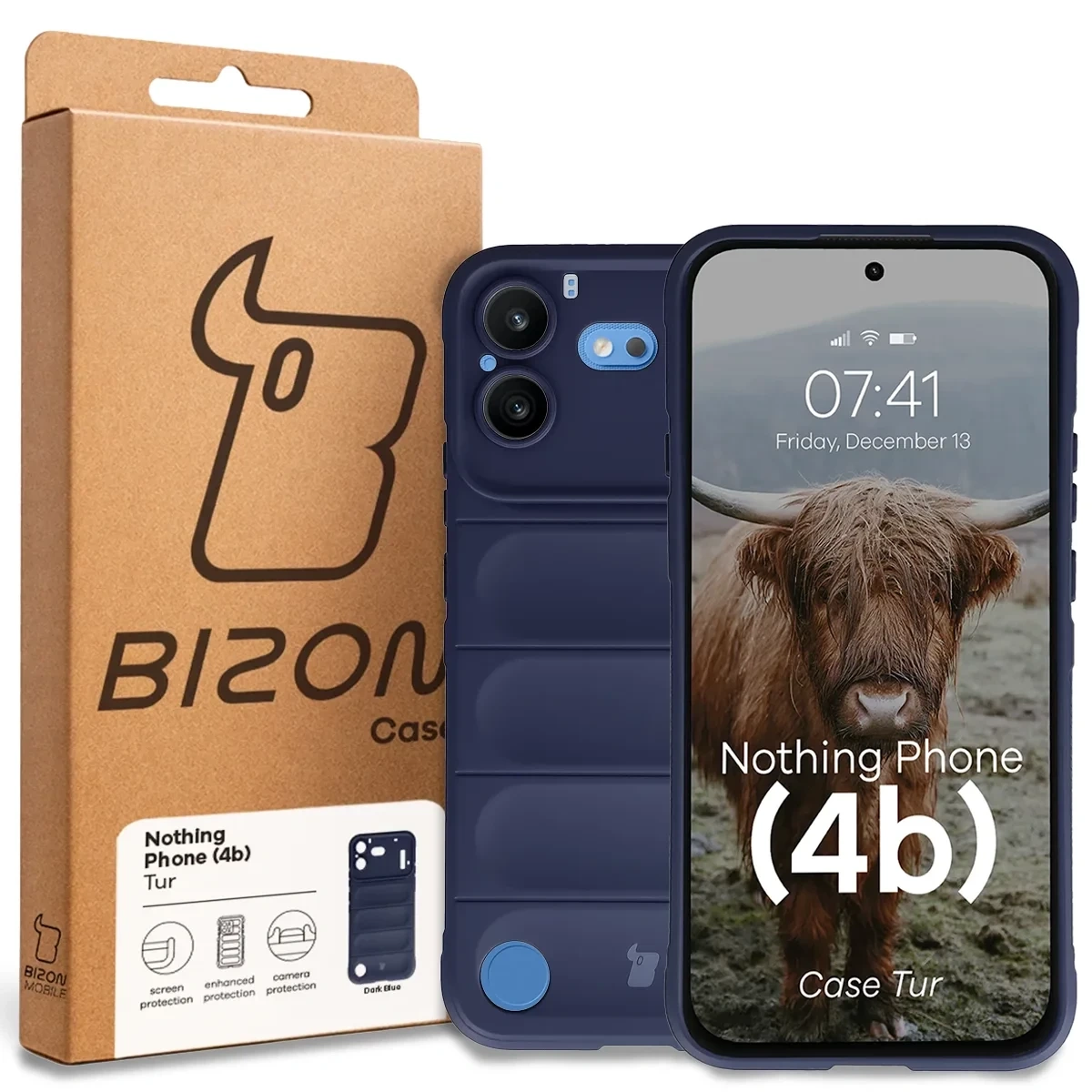 Przód pudełka Bizon Case z dedykowaną etykietą do Nothing Phone (4b)