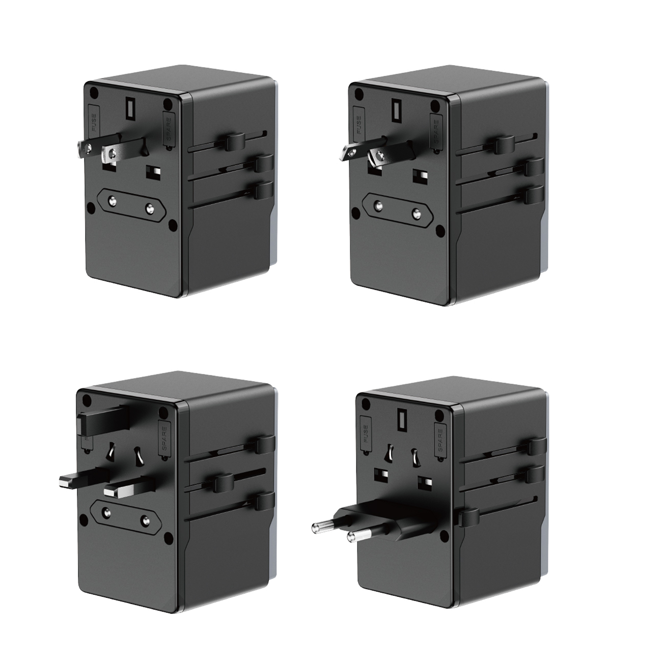 Adapter podróżny Dudao A65Pro o mocy do 65W z wtyczkami EU / US / JP / AUS / UK oraz portami 2x USB-C i 2x USB-A na białym tle