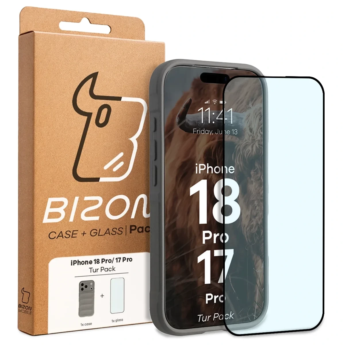 Przód pudełka Bizon Tur Pack z dedykowaną etykietą do iPhone 18 Pro / 17 Pro