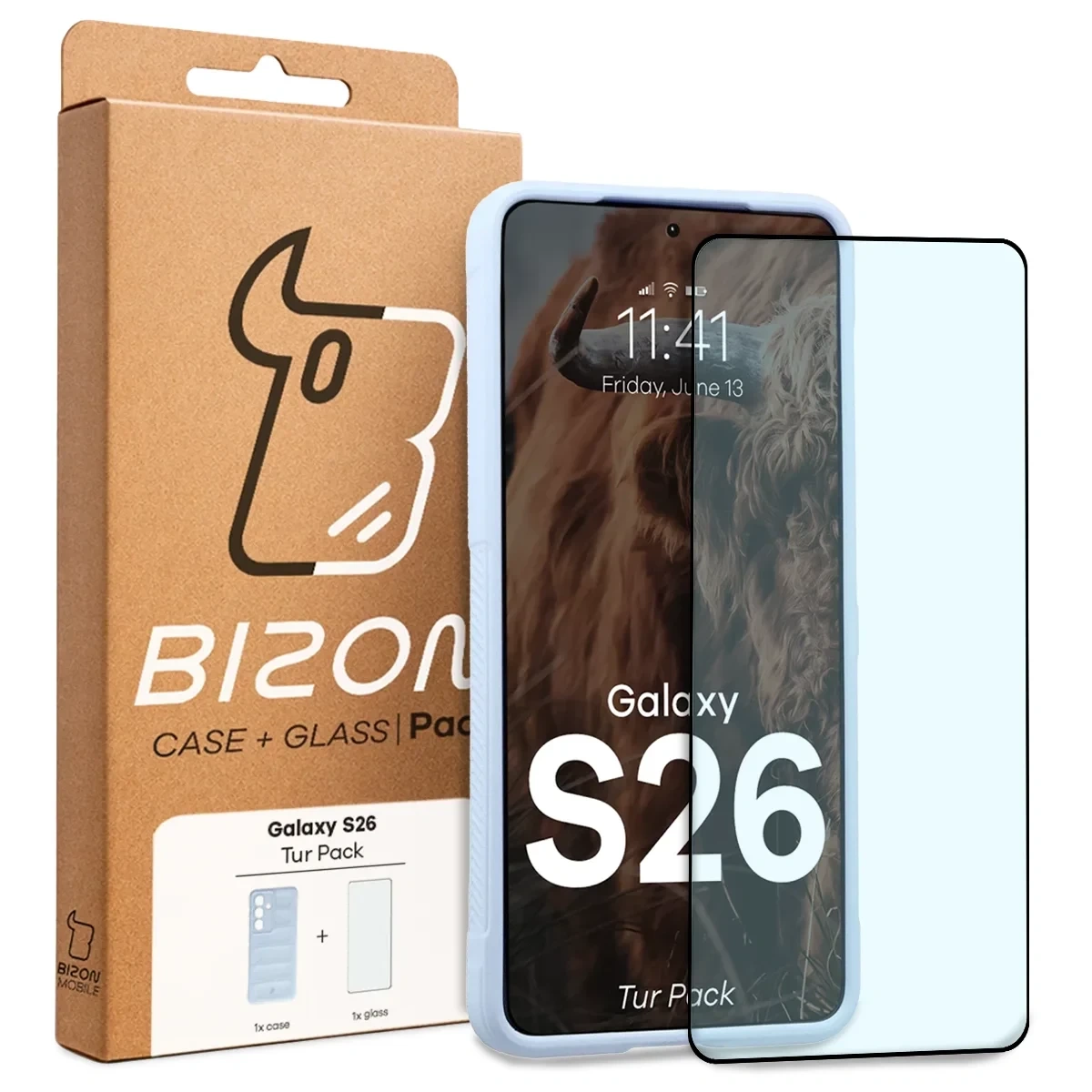 Przód pudełka Bizon Tur Pack z dedykowaną etykietą do Galaxy S26