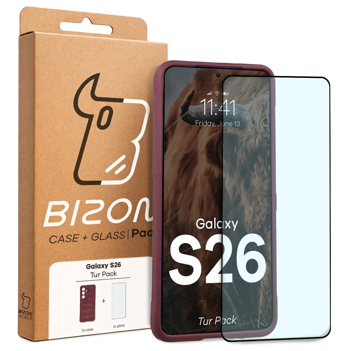Przód pudełka Bizon Tur Pack z dedykowaną etykietą do Galaxy S26