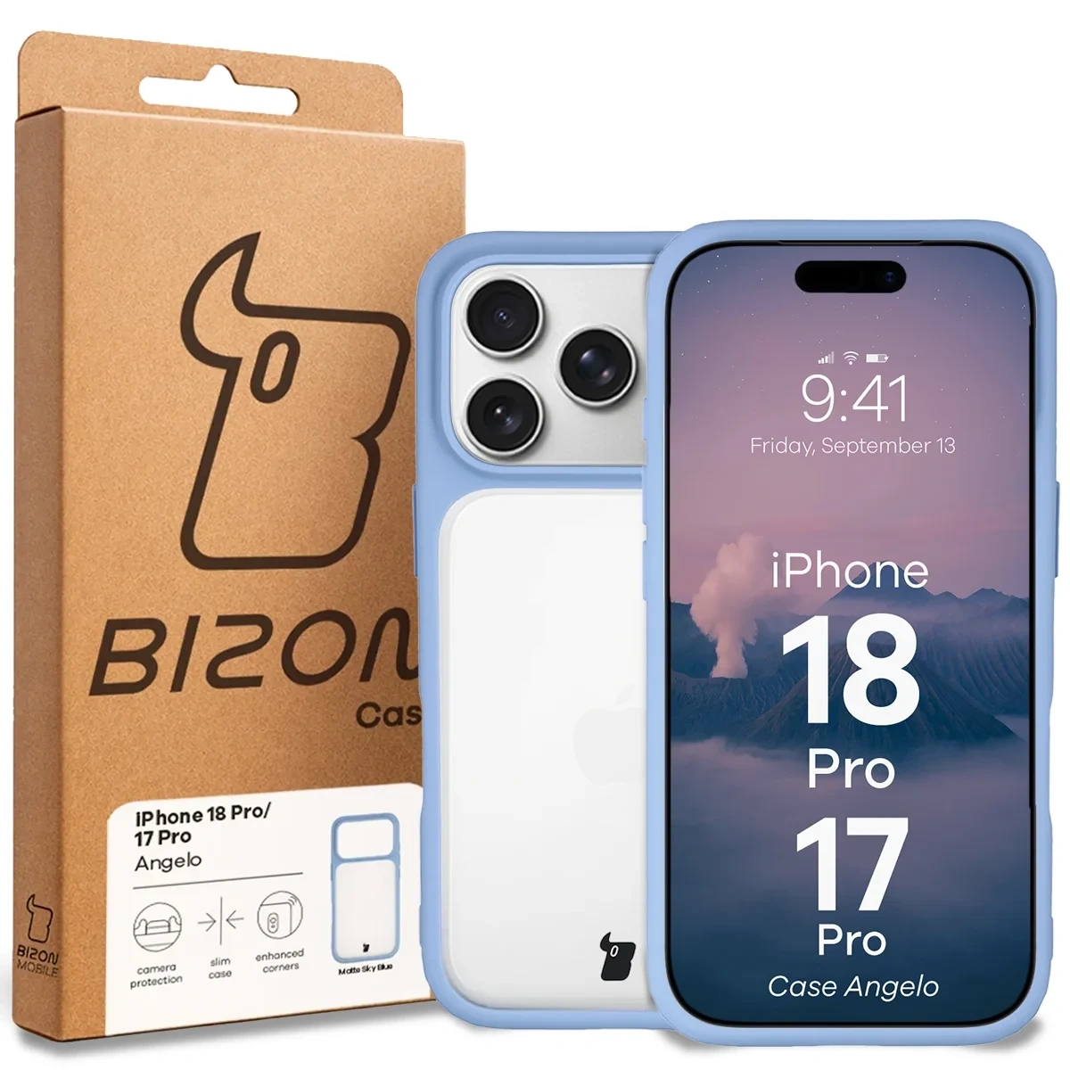 Przód pudełka Bizon Case z dedykowaną etykietą do iPhone 18 Pro / 17 Pro