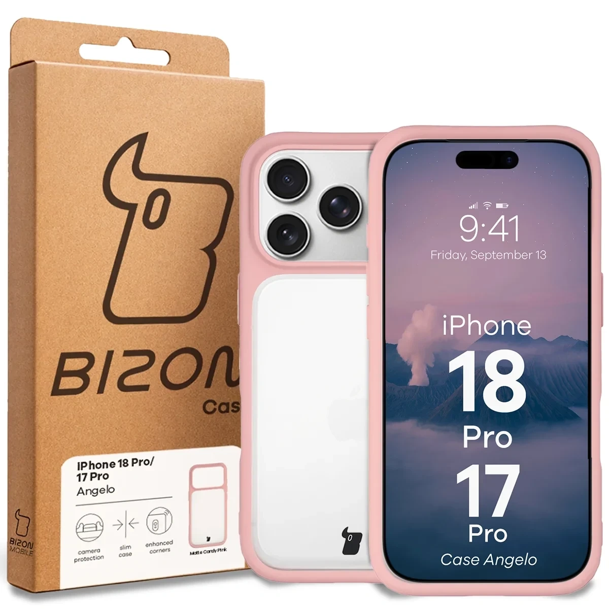 Przód pudełka Bizon Case z dedykowaną etykietą do iPhone 18 Pro / 17 Pro