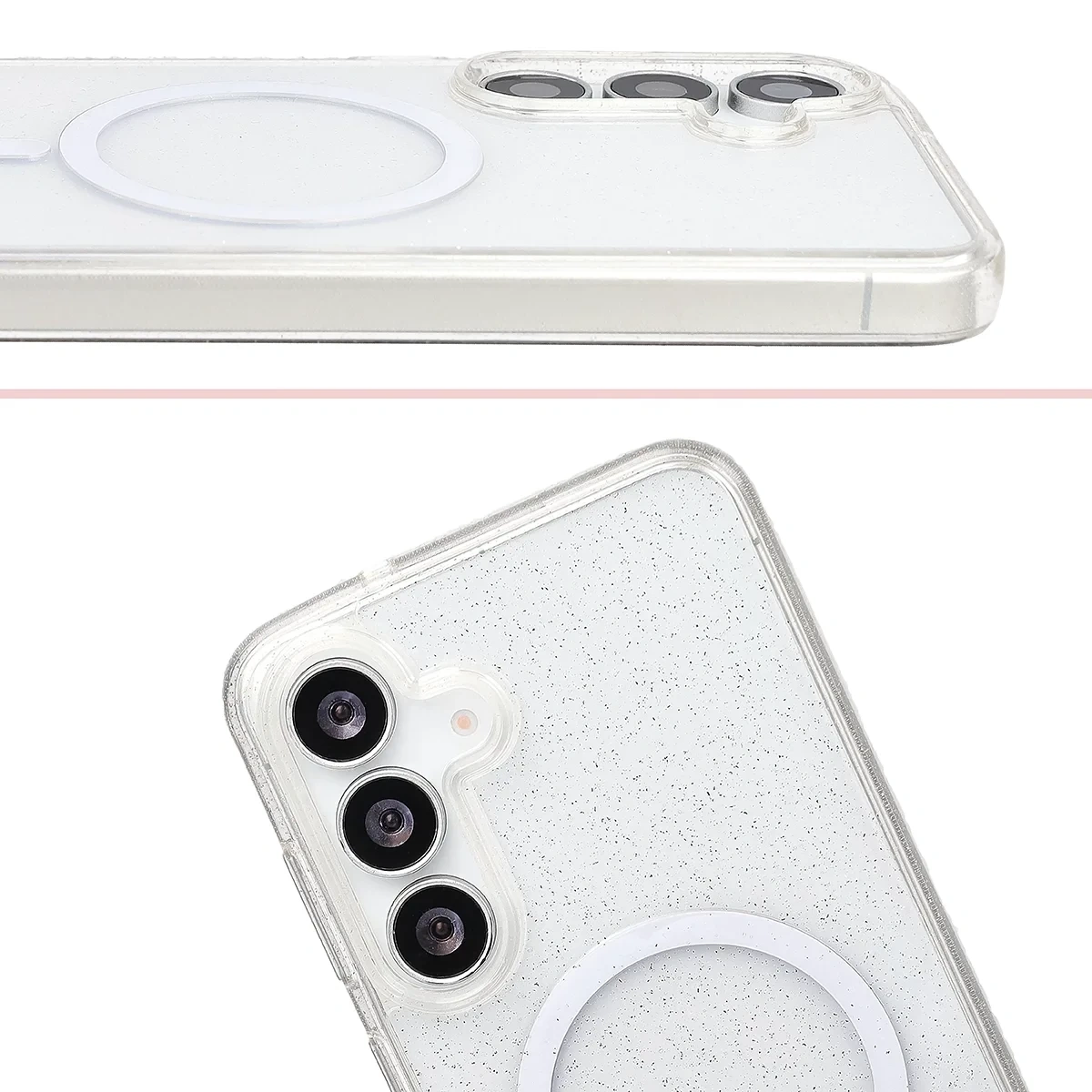 Podwyższone krawędzie aparatu i duże wycięcie w etui Bizon Case SparklO do Galaxy S25 FE, Galaxy S26 FE