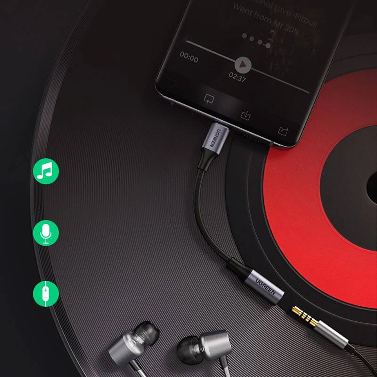 Telefon podłączony do Adaptera audio Ugreen AV161 na płycie winylowej