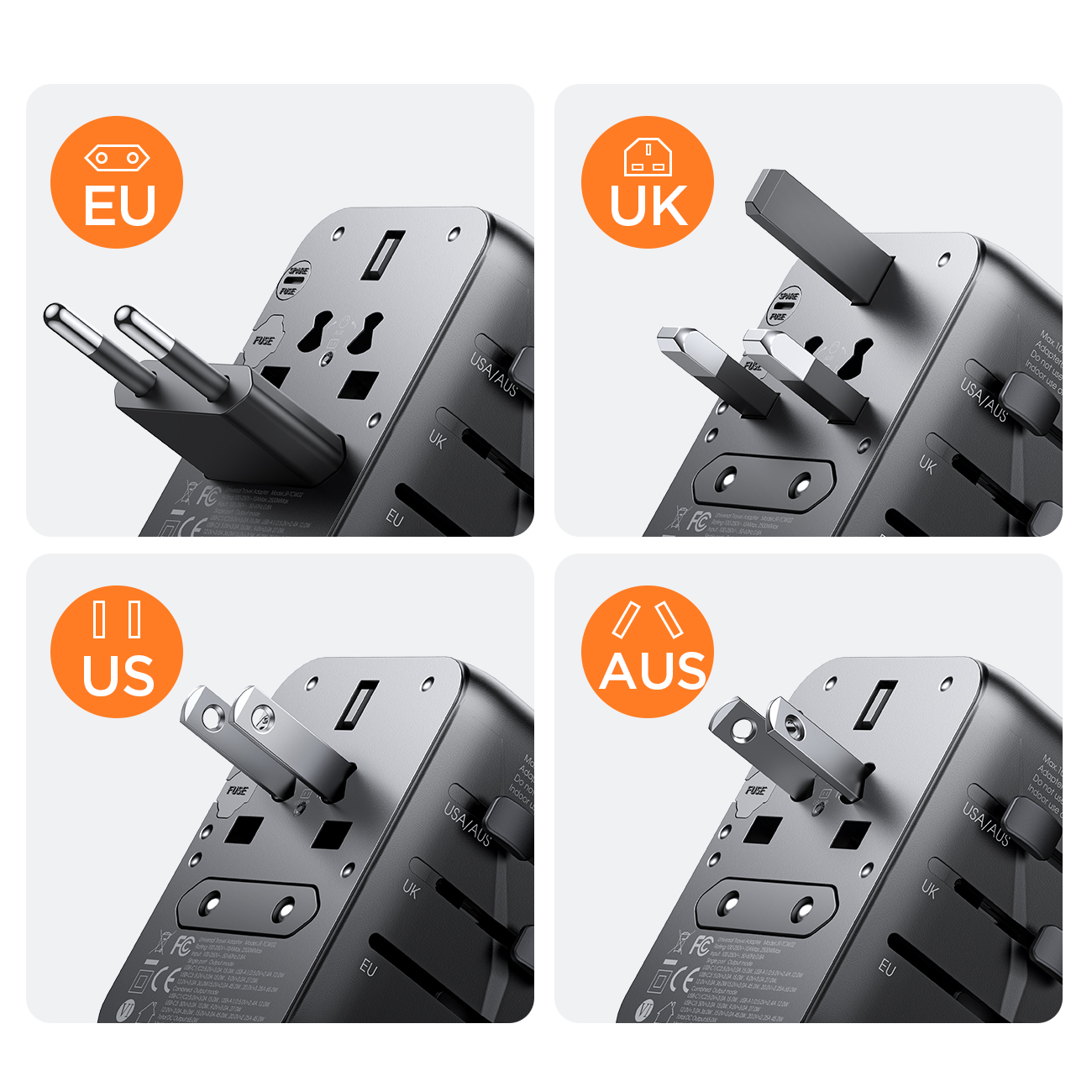 Przedstawienie kompatybilności z różnymi gniazdkami w standardach EU, UK, US< AUS, JP i CN adaptera podróżnego Joyroom JR-TCW01