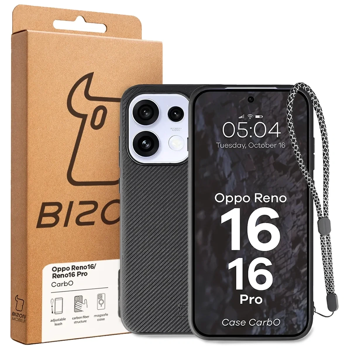 Przód pudełka Bizon Case z dedykowaną etykietą do OPPO Reno16 / Pro