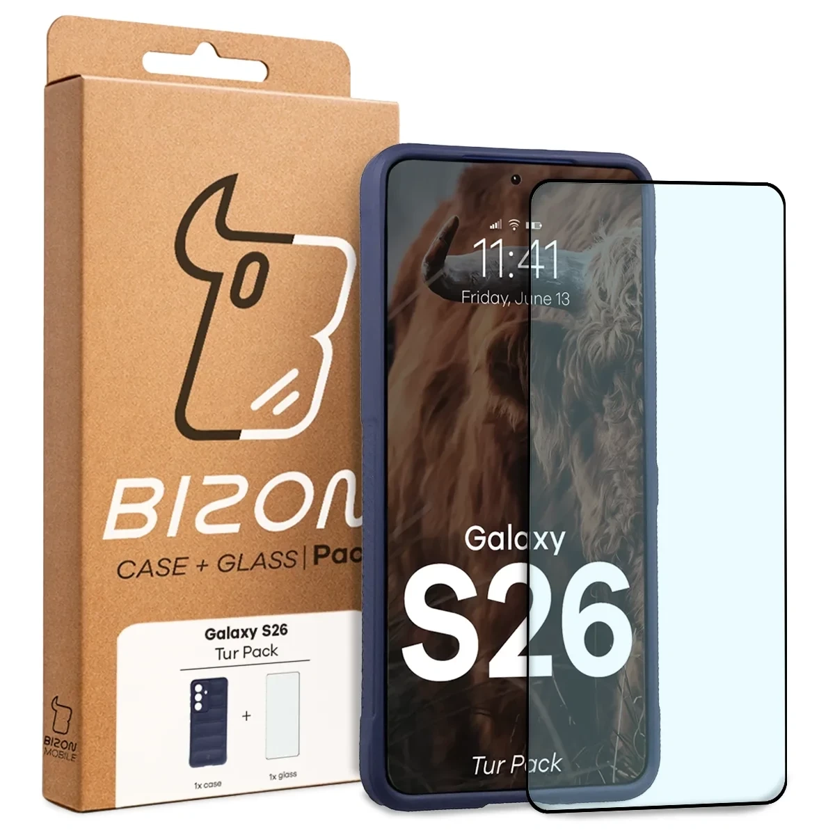Przód pudełka Bizon Tur Pack z dedykowaną etykietą do Galaxy S26
