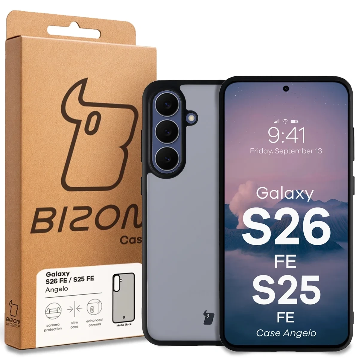 Przód pudełka Bizon Case z dedykowaną etykietą do Galaxy S25 FE, Galaxy S26 FE