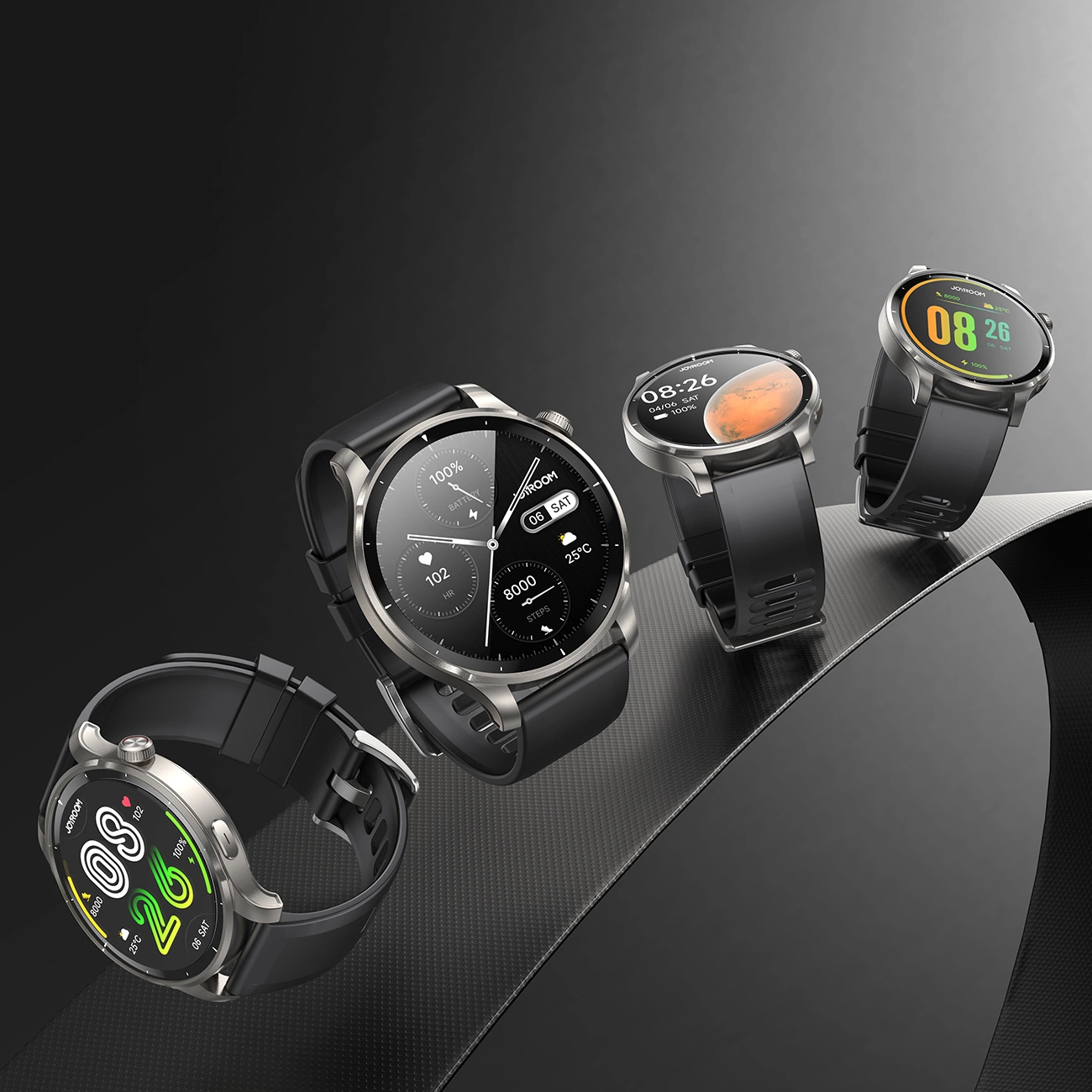 Cztery Smartwatche Joyroom Venture Series JR-FV1 z różnymi tarczami