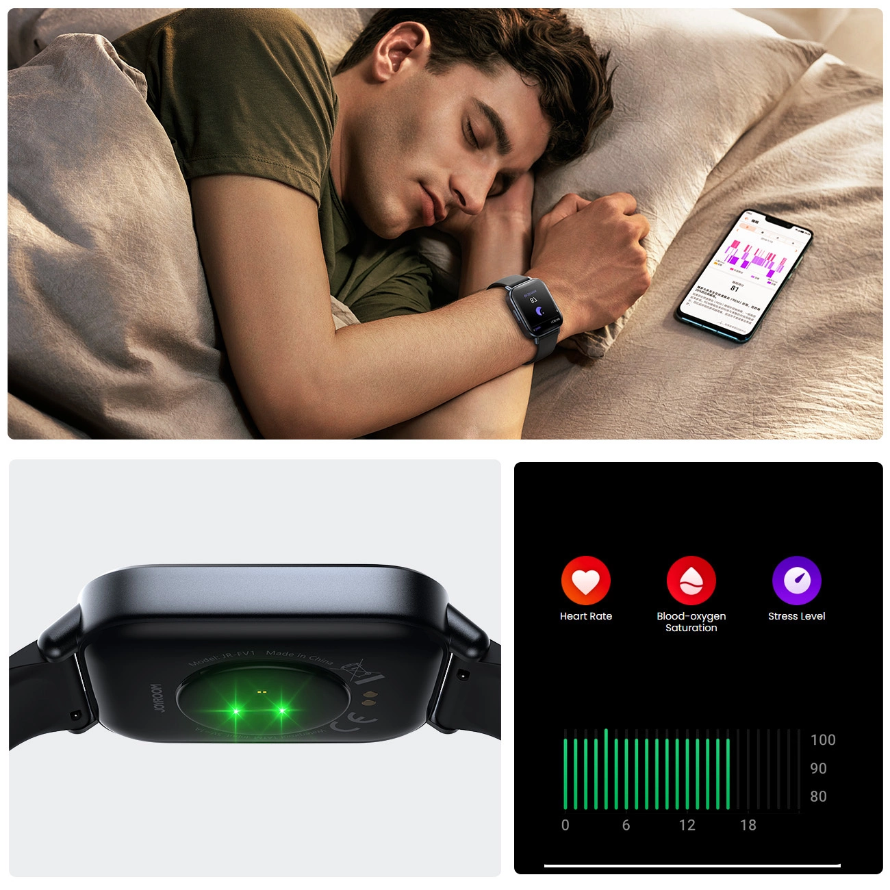 Mężczyzna śpi z założonym Smartwatchem Joyroom Fit-Life JR-FT3S wyposażonym w funkcję monitorowania snu