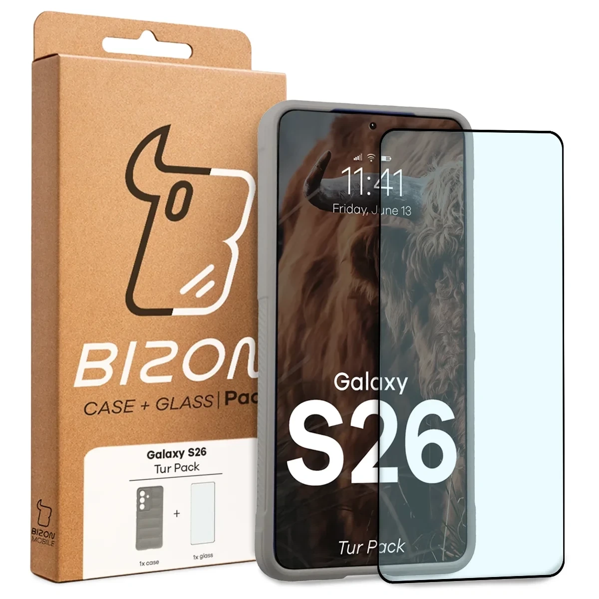 Przód pudełka Bizon Tur Pack z dedykowaną etykietą do Galaxy S26