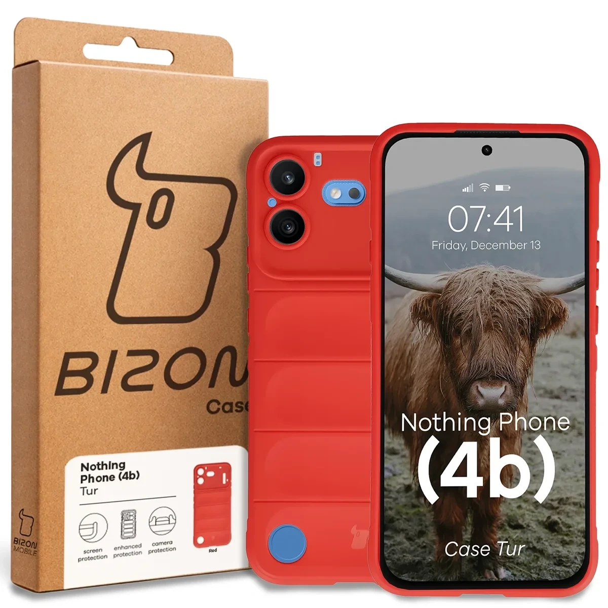 Przód pudełka Bizon Case z dedykowaną etykietą do Nothing Phone (4b)