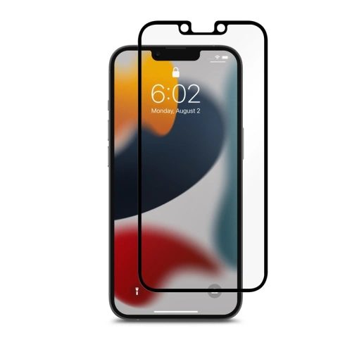 Matowa folia ochronna Moshi iVisor AG dla Apple iPhone 13 z czarną ramką.