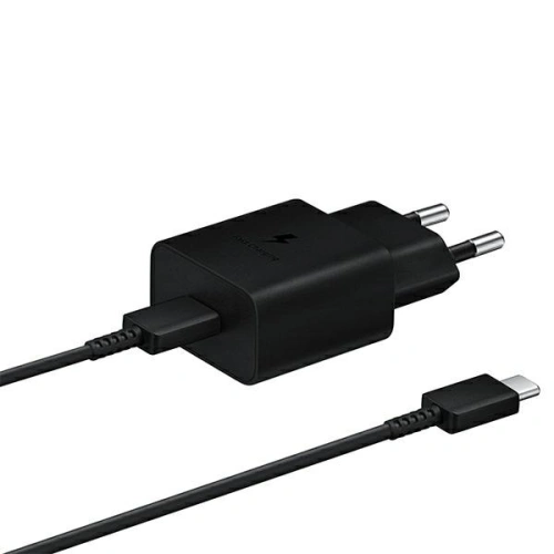Ładowarka sieciowa Samsung EP-T1510XB w kolorze czarnym z kablem USB-C w zestawie.