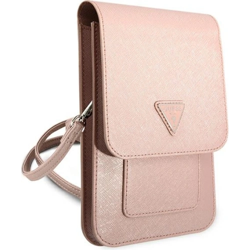 Zbliżenie na torebkę Guess Saffiano Triangle, ukazujące detale i fakturę materiału.