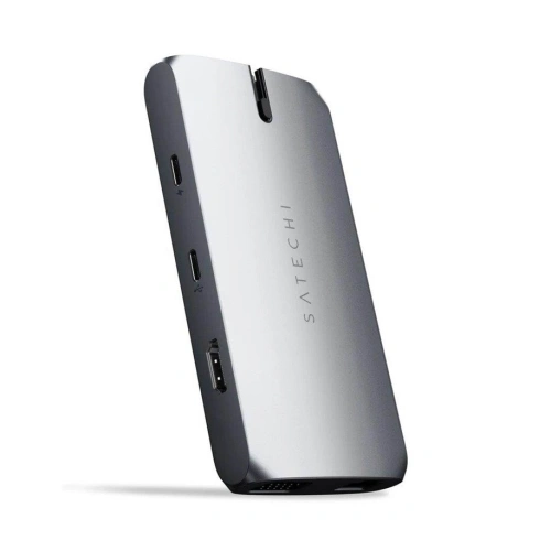 Adapter Satechi Multiport Adapter USB-C w kolorze srebrnym, pokazujący różne porty i złącza.