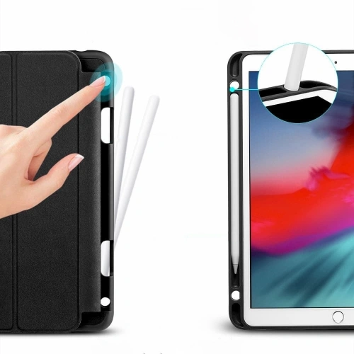 Zbliżenie na etui z klapką, z widocznymi detalami ekologicznej skóry