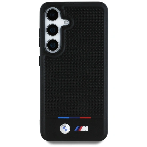 Etui BMW Leather Tricolor Stripe MagSafe z widokiem na logo BMW.