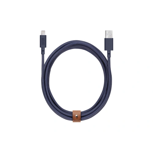 Kabel Native Union Belt Cable Lightning w kolorze granatowym z skórzanym zapięciem, długość 3 m, idealny do ładowania i synchronizacji.