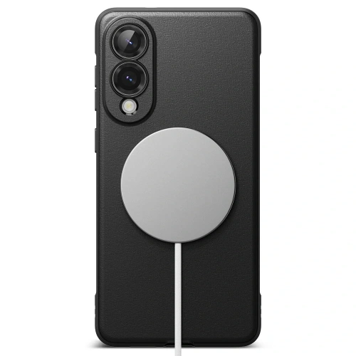 Etui Ringke Onyx zamontowane na telefonie Samsung Galaxy S25 Edge, z widocznym logo MagSafe.